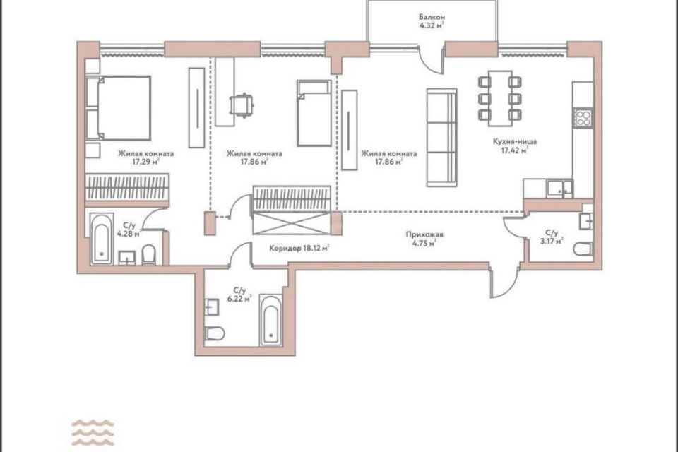 Продаётся 3-комнатная квартира, 109.97 м²