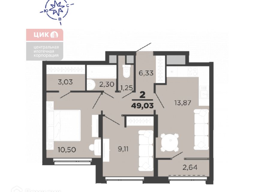 Продаётся 2-комнатная квартира, 49.03 м²