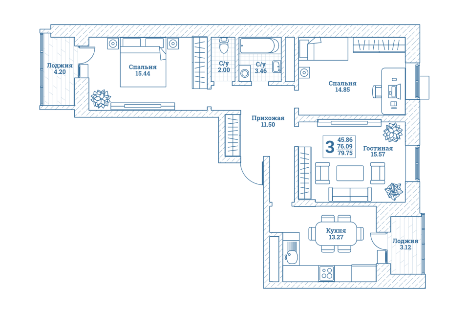 Продаётся 3-комнатная квартира, 80 м²