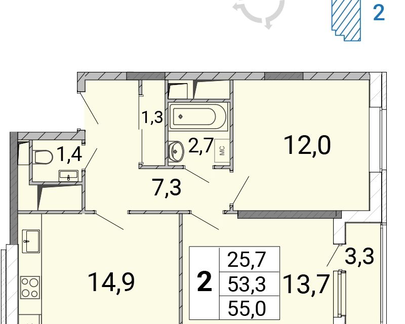 Продаётся 2-комнатная квартира, 55.4 м²