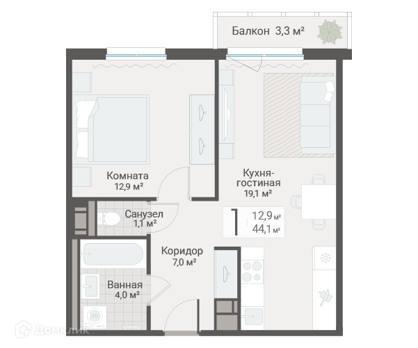 Продаётся 1-комнатная квартира, 44.1 м²
