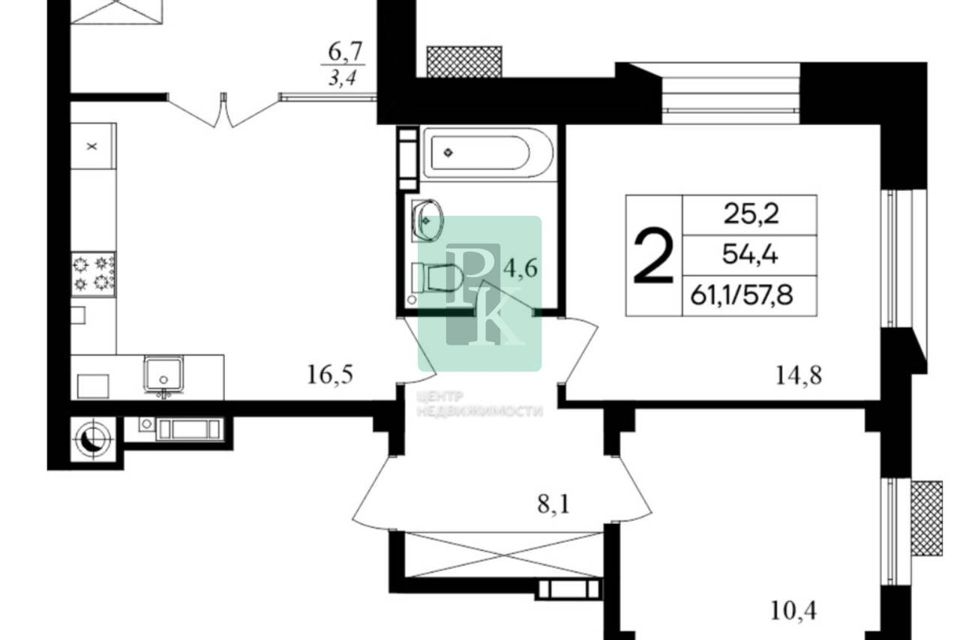 Продаётся 2-комнатная квартира, 61.1 м²