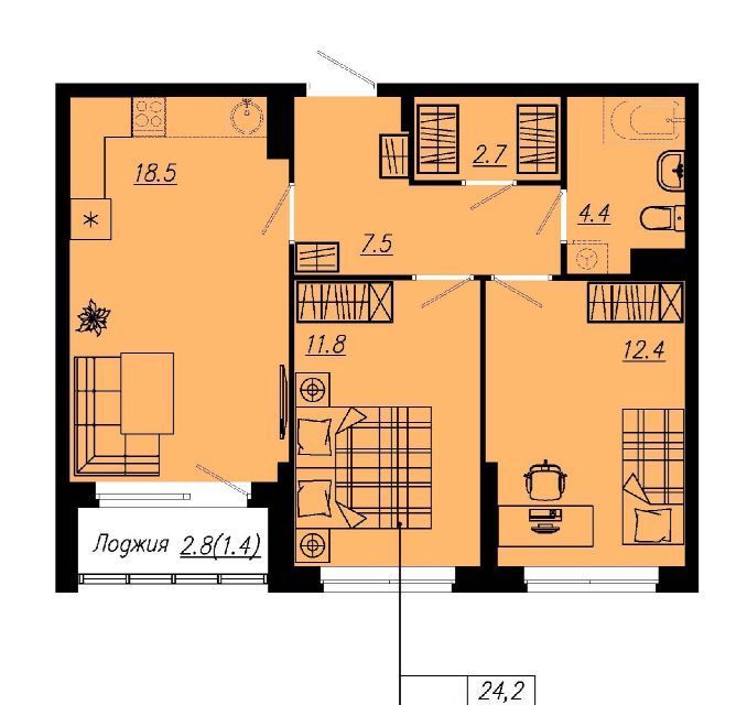 Продаётся 2-комнатная квартира, 56.2 м²