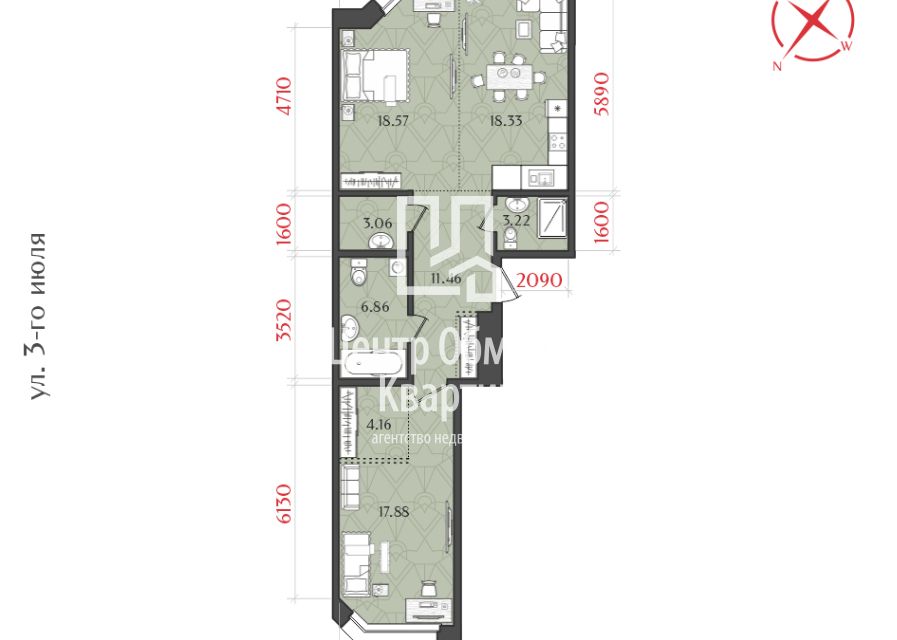 Продаётся 2-комнатная квартира, 82.7 м²