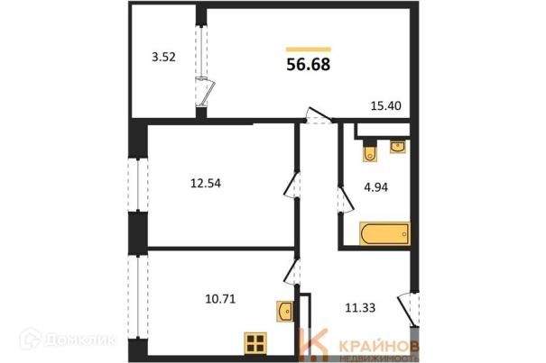 Продаётся 2-комнатная квартира, 56.68 м²