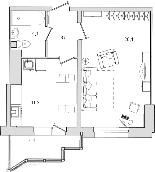 Продаётся 1-комнатная квартира, 43.3 м²