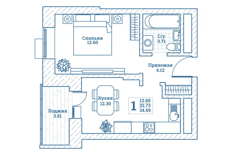 Продаётся 1-комнатная квартира, 34.9 м²