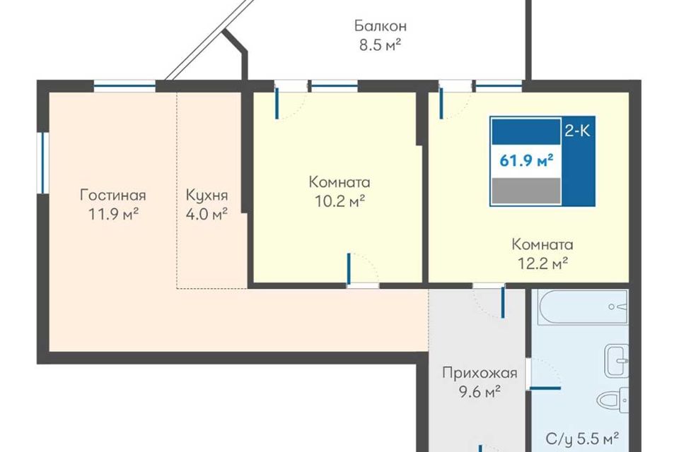 Продаётся 2-комнатная квартира, 61.9 м²