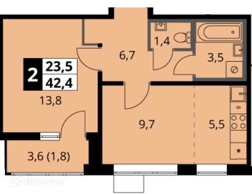 Продаётся 1-комнатная квартира, 42.4 м²