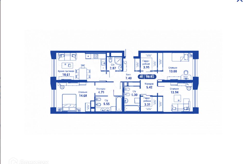 Продаётся 4-комнатная квартира, 98.82 м²