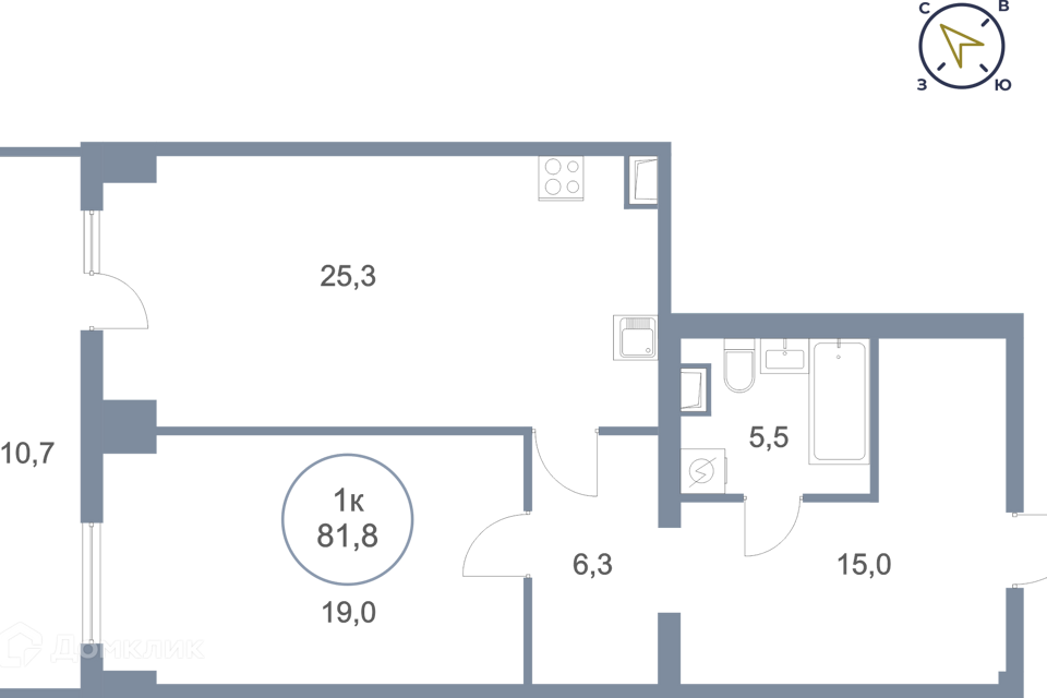 Продаётся 1-комнатная квартира, 81.8 м²