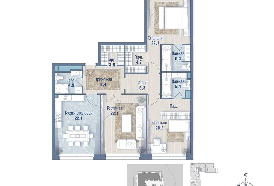 Продаётся 3-комнатная квартира, 133.4 м²