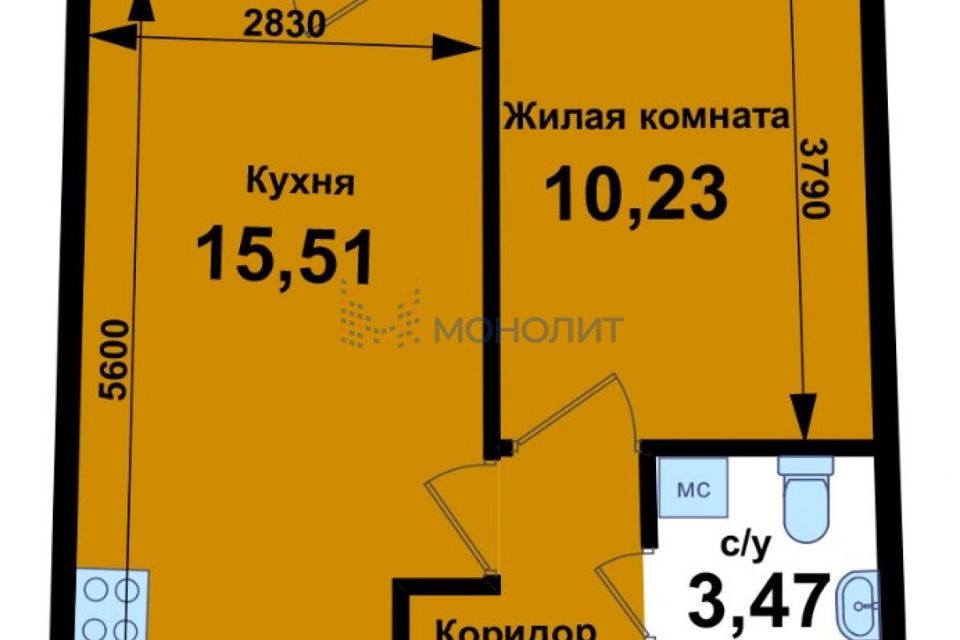 Продаётся 1-комнатная квартира, 33.44 м²