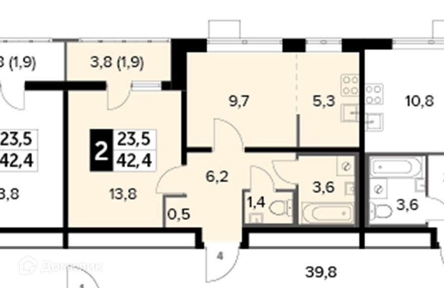 Продаётся 2-комнатная квартира, 42.4 м²