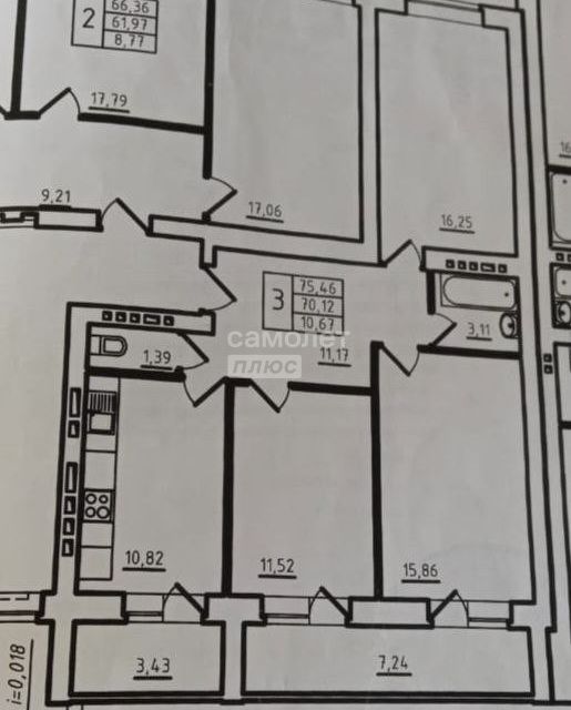 Продаётся 3-комнатная квартира, 75.46 м²
