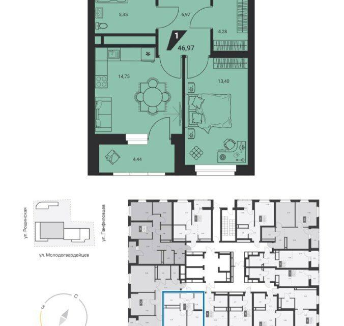 Продаётся 1-комнатная квартира, 46.97 м²