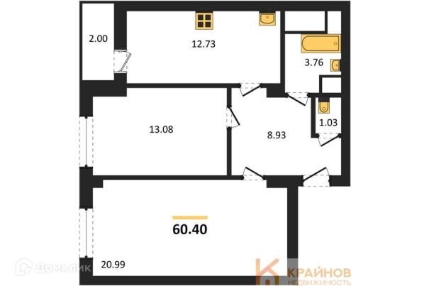 Продаётся 2-комнатная квартира, 60.4 м²