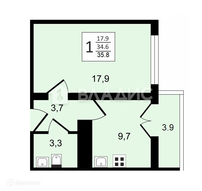 Продаётся 1-комнатная квартира, 35.8 м²