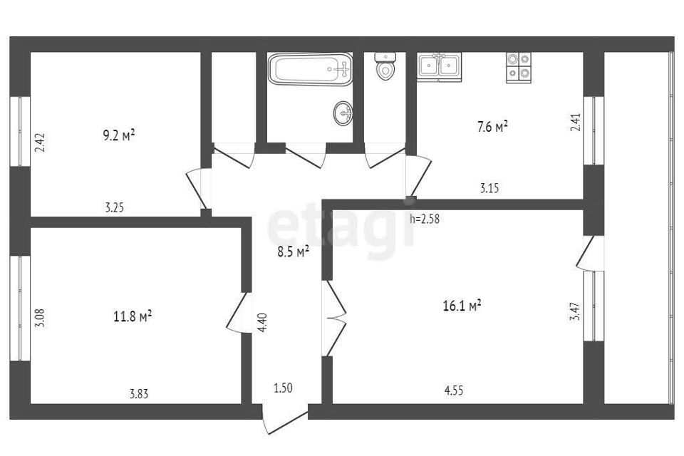 Продаётся 3-комнатная квартира, 60 м²