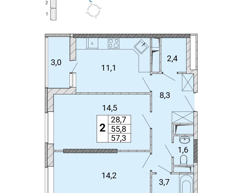 Продаётся 2-комнатная квартира, 57.5 м²