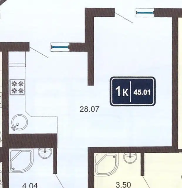 Продаётся 1-комнатная квартира, 45 м²