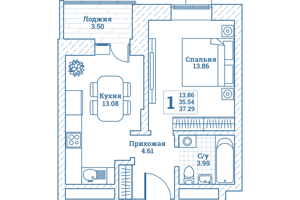 Продаётся 1-комнатная квартира, 37.7 м²