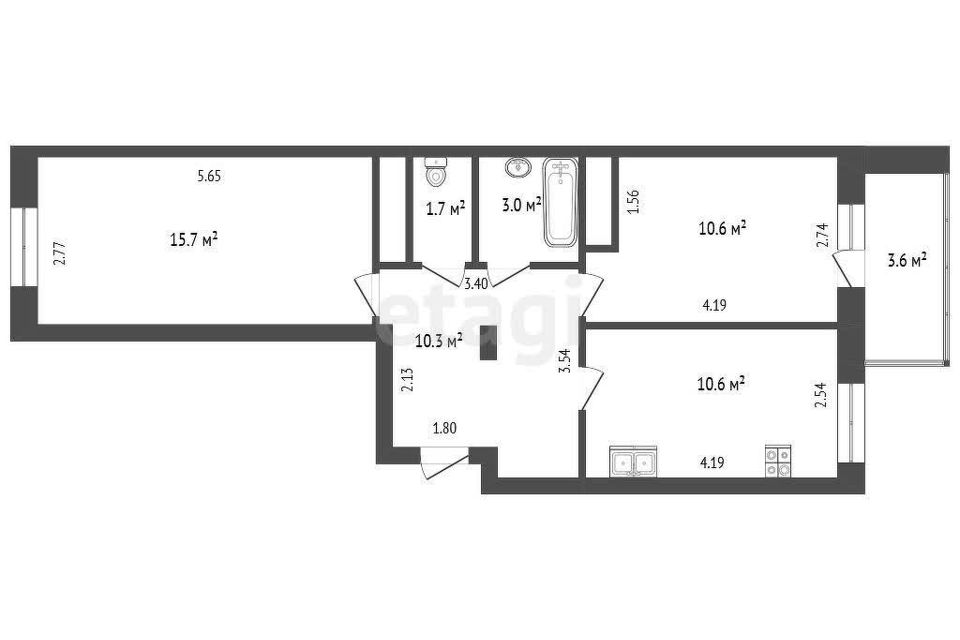 Продаётся 2-комнатная квартира, 51.9 м²