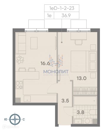 Продаётся 1-комнатная квартира, 36.9 м²