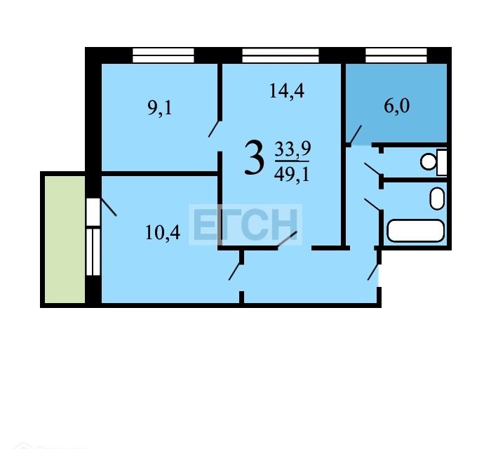 Продаётся 3-комнатная квартира, 49.1 м²
