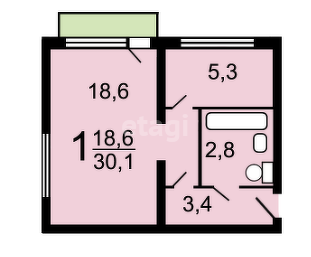 Продаётся 1-комнатная квартира, 32.8 м²