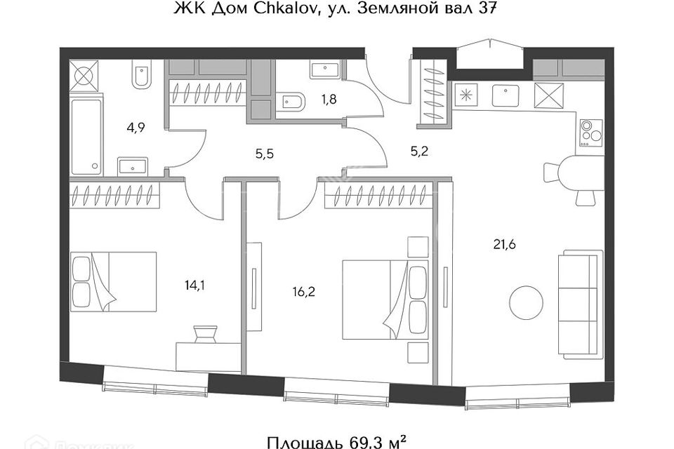 Продаётся 2-комнатная квартира, 69.3 м²