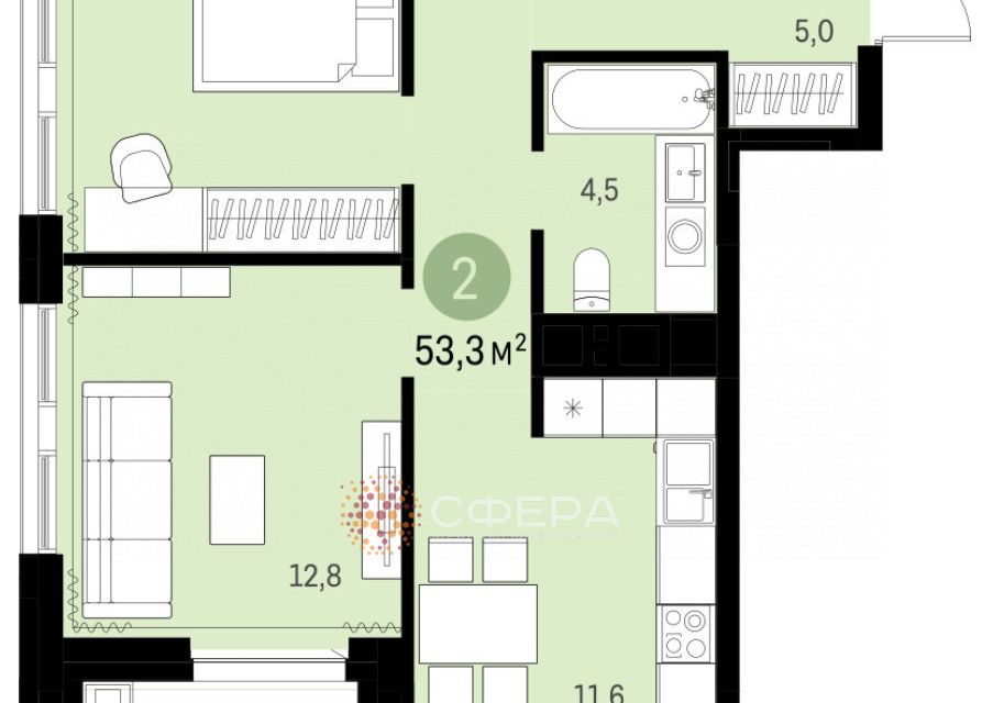 Продаётся 2-комнатная квартира, 53.28 м²