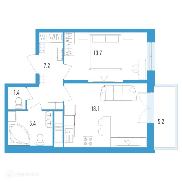 Продаётся 1-комнатная квартира, 47.4 м²