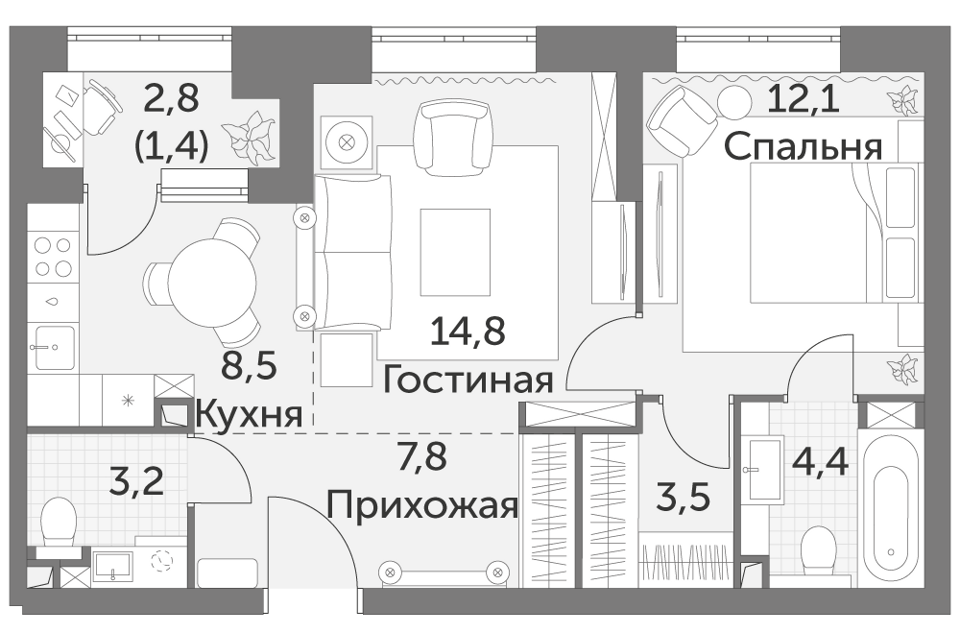 Продаётся 2-комнатная квартира, 55.7 м²