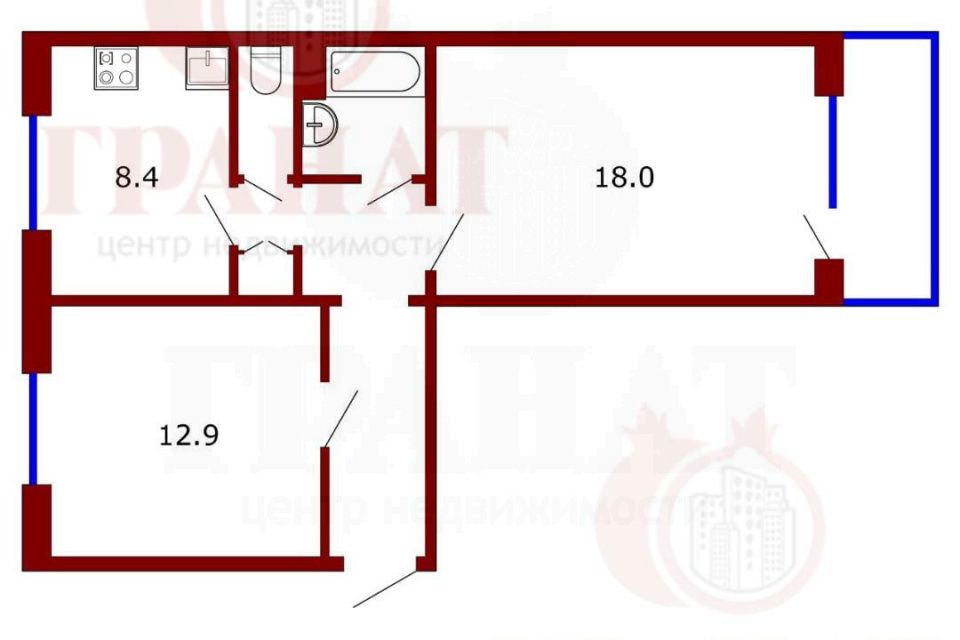 Продаётся 2-комнатная квартира, 51.6 м²