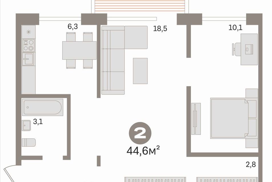 Продаётся 2-комнатная квартира, 44.6 м²