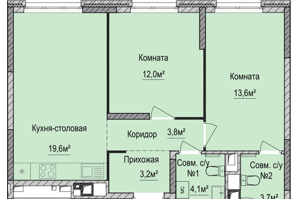 Продаётся 2-комнатная квартира, 60.8 м²