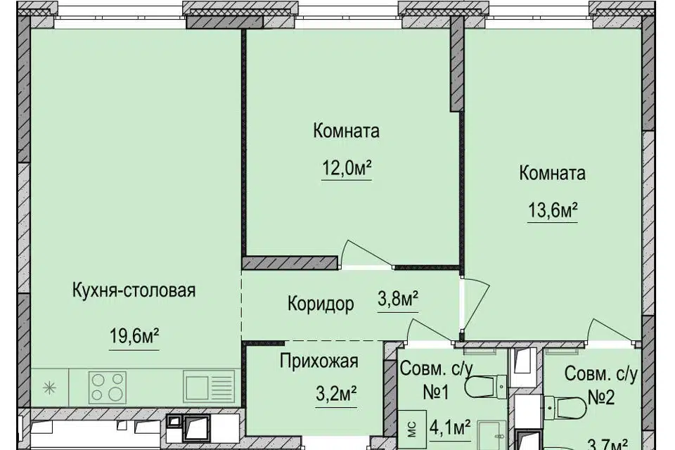 Продаётся 2-комнатная квартира, 60.8 м²