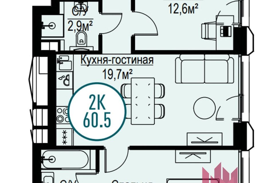 Продаётся 2-комнатная квартира, 60.5 м²