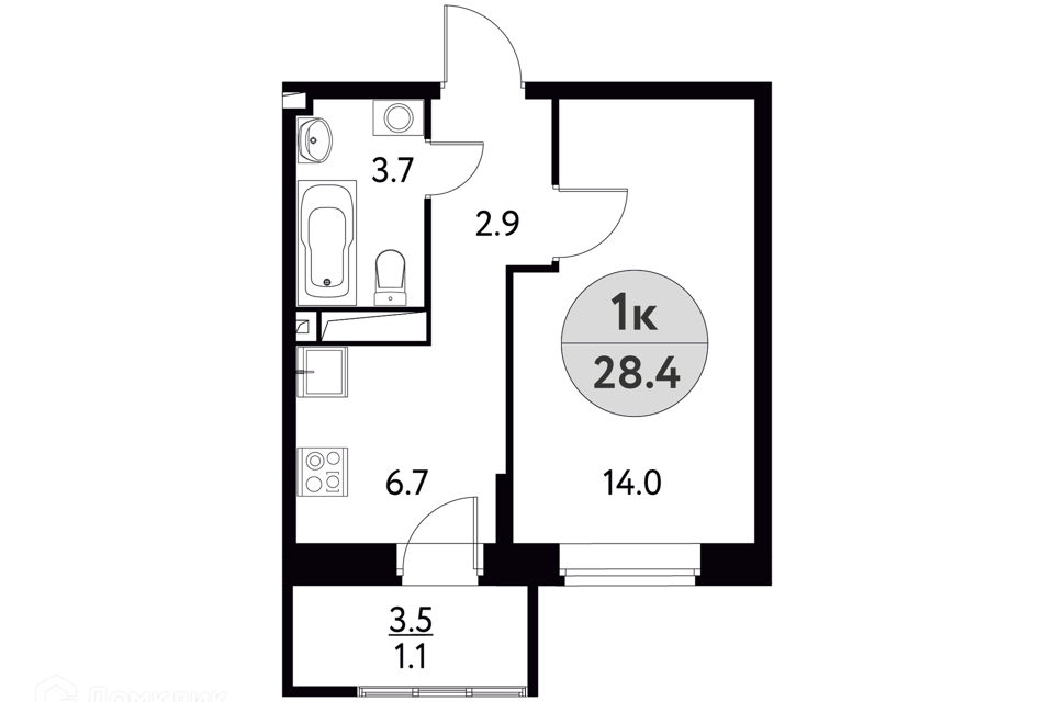 Продаётся 1-комнатная квартира, 28.4 м²