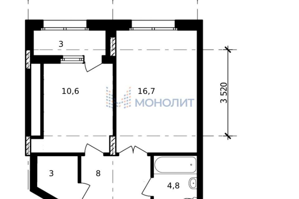 Продаётся 1-комнатная квартира, 46.1 м²