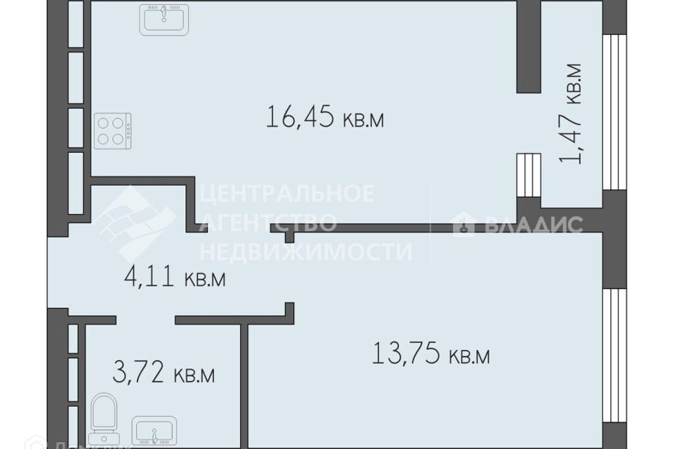 Продаётся 1-комнатная квартира, 40.95 м²