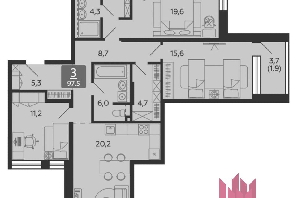 Продаётся 3-комнатная квартира, 97.5 м²