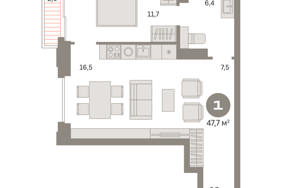 Продаётся 1-комнатная квартира, 47.57 м²