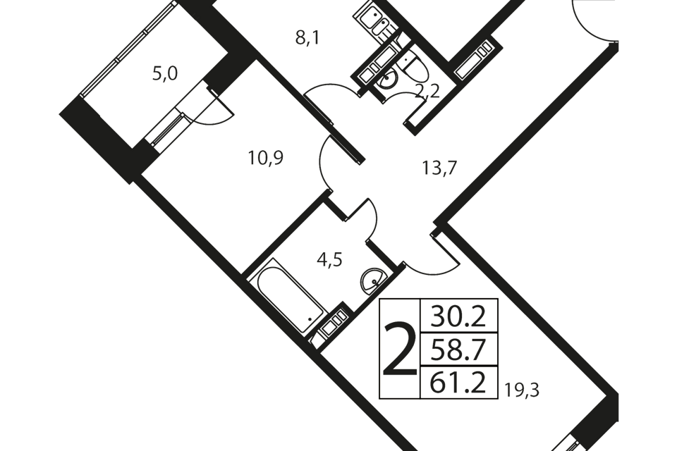 Продаётся 2-комнатная квартира, 61.5 м²