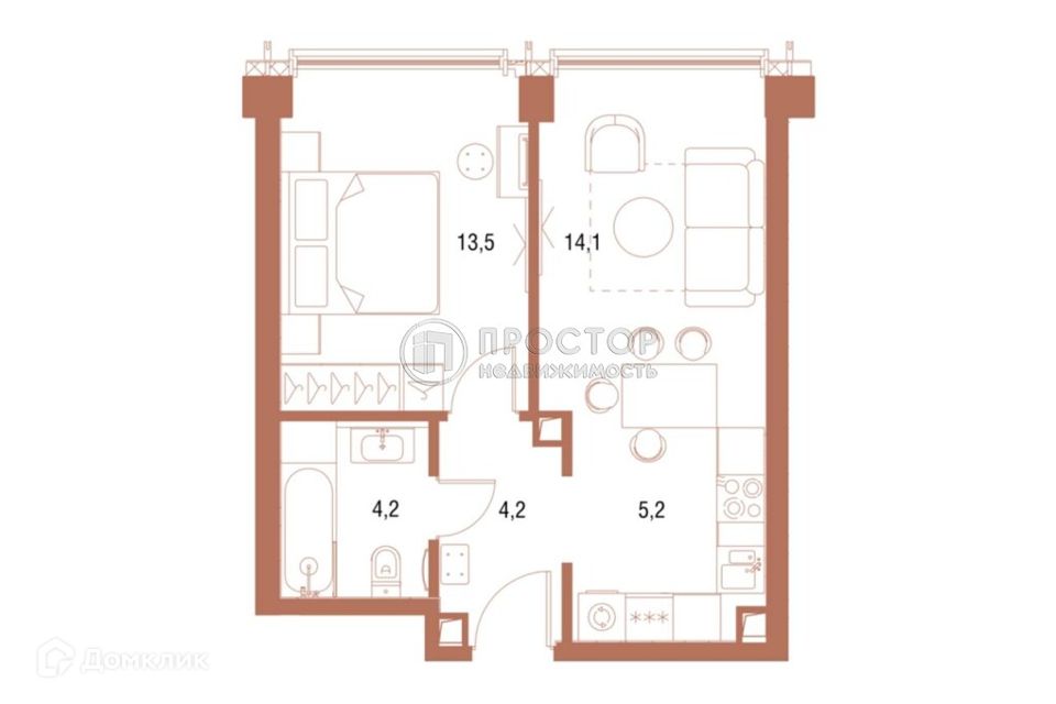 Продаётся 1-комнатная квартира, 41.21 м²