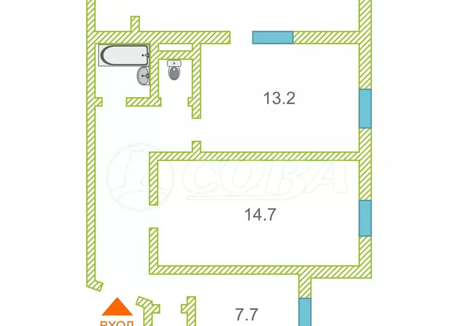 Продаётся 2-комнатная квартира, 52.8 м²
