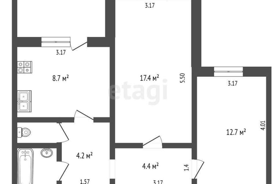 Продаётся 2-комнатная квартира, 53.4 м²