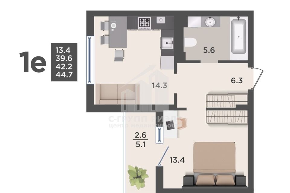 Продаётся 1-комнатная квартира, 42.2 м²