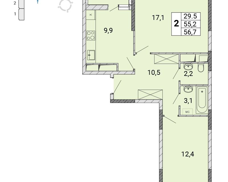 Продаётся 2-комнатная квартира, 56.9 м²